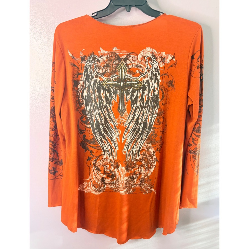 California Girlz Orange Angel Cross Graphic Lng Sleeve Cardigan Affliction Style